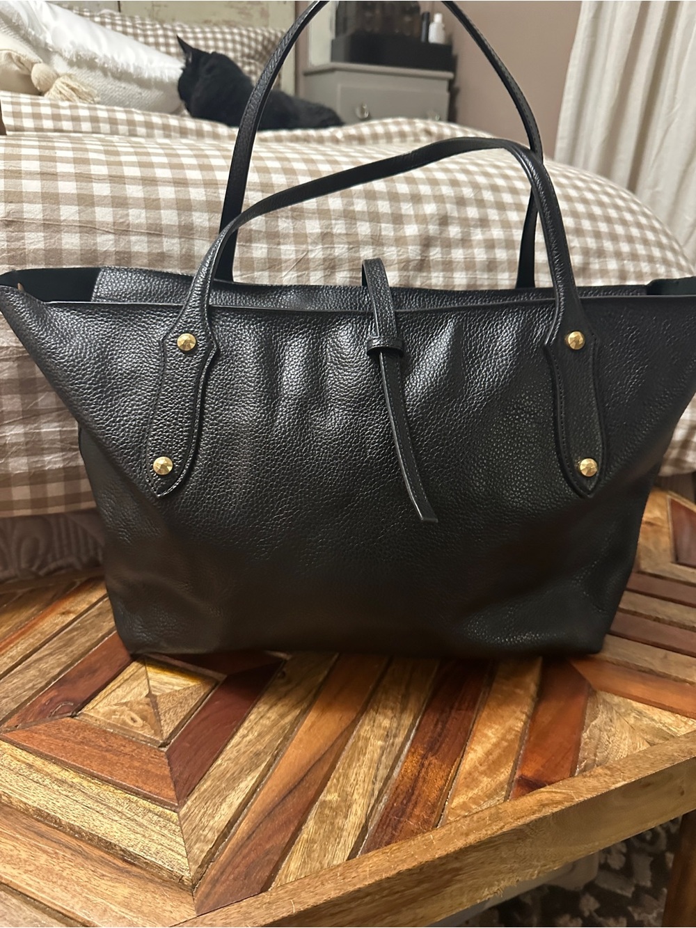 Black Pebbled Leather Tote with Gold Stud Details